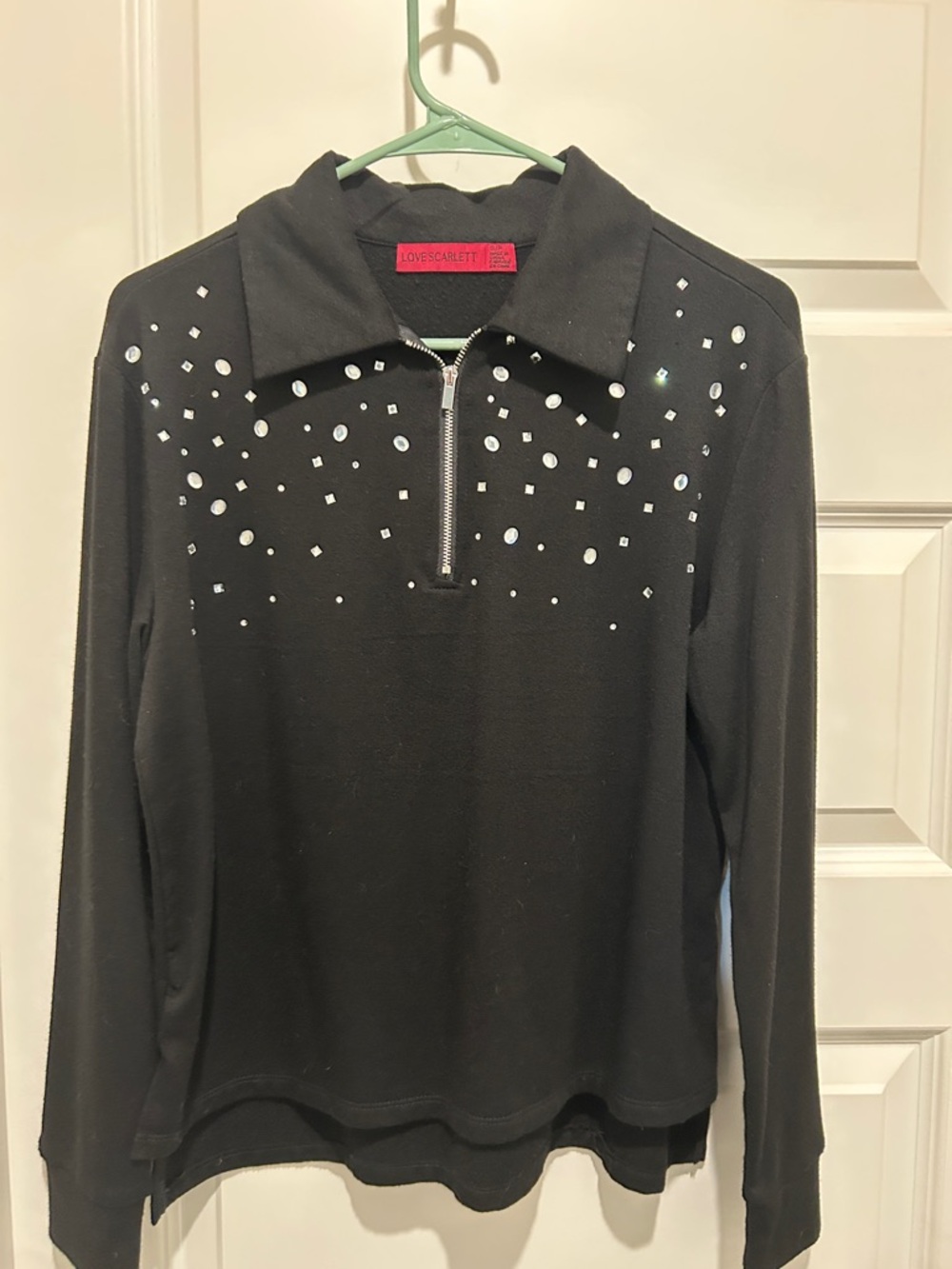Love Scarlett Black Crystal-Embellished Zip-Neck Pullover